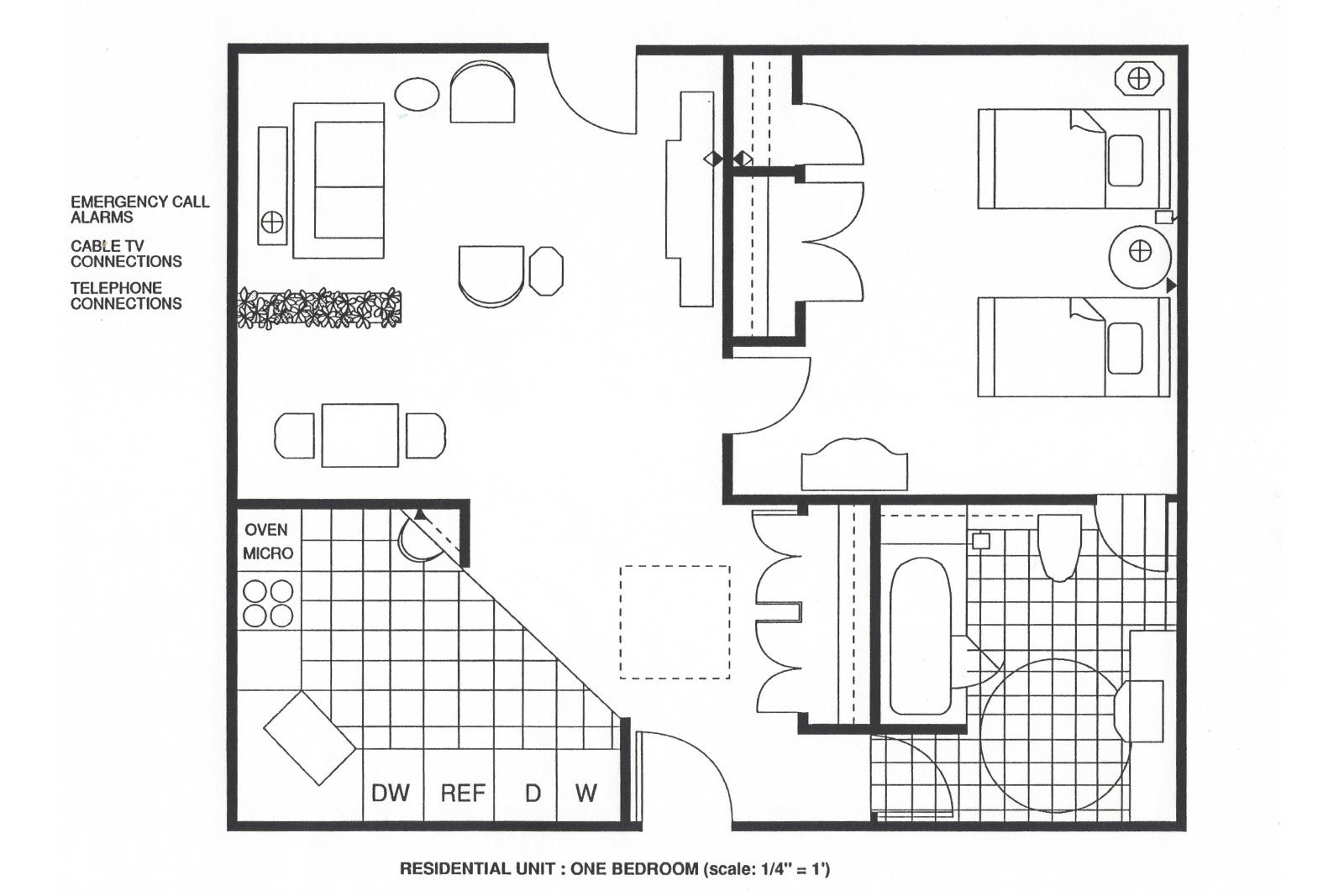 interior design scale plan for residential one bedroom unit